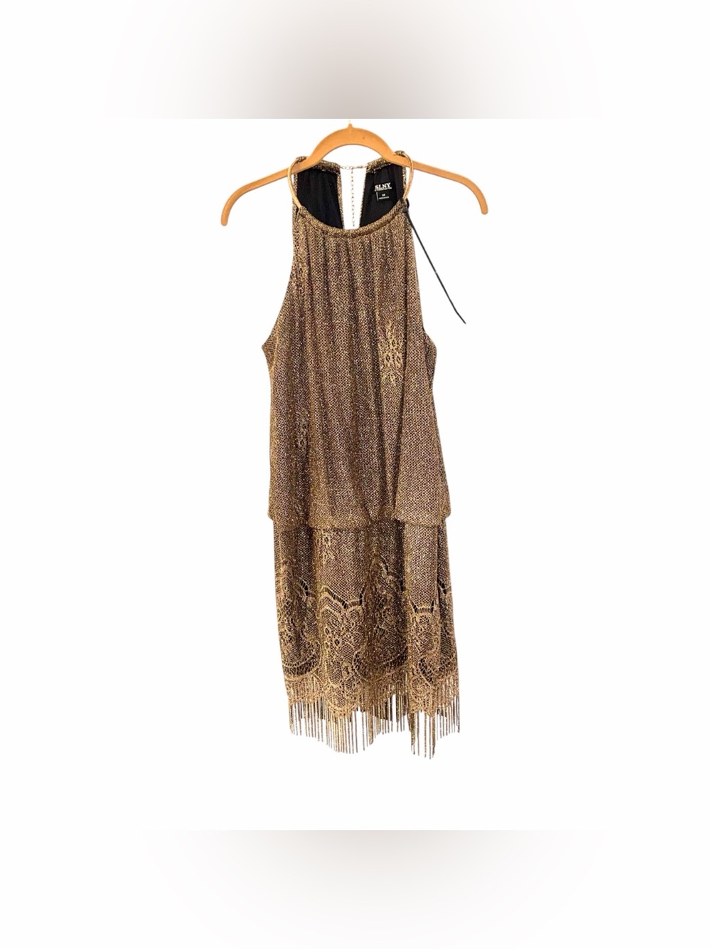 SLNY Gold Choker Neck Mesh Fringe Halter Cocktail Dress NWT Size 14 New Years